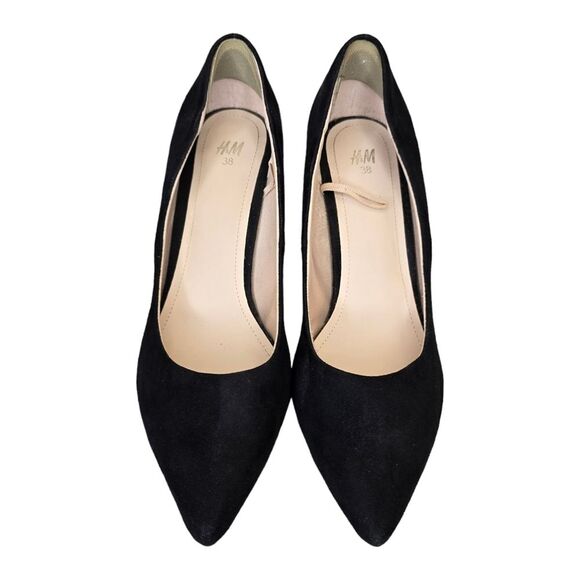 H&M Women's Black Faux Suede Leather Pointed Toe Classic Kitten Pumps Heels 38 - Picture 2 of 16